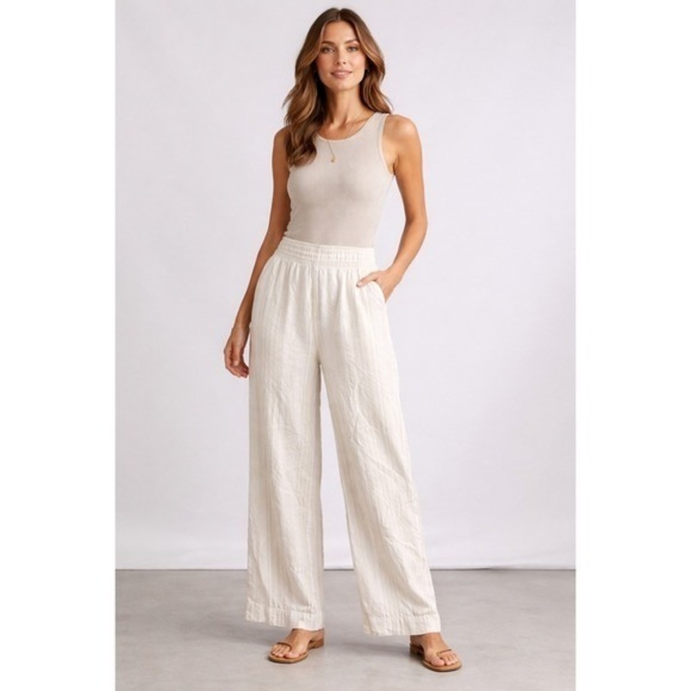 Tahari Linen Blend Wide Leg Pants Women XL Ivory Stripe‎ Elastic Waist Vacation